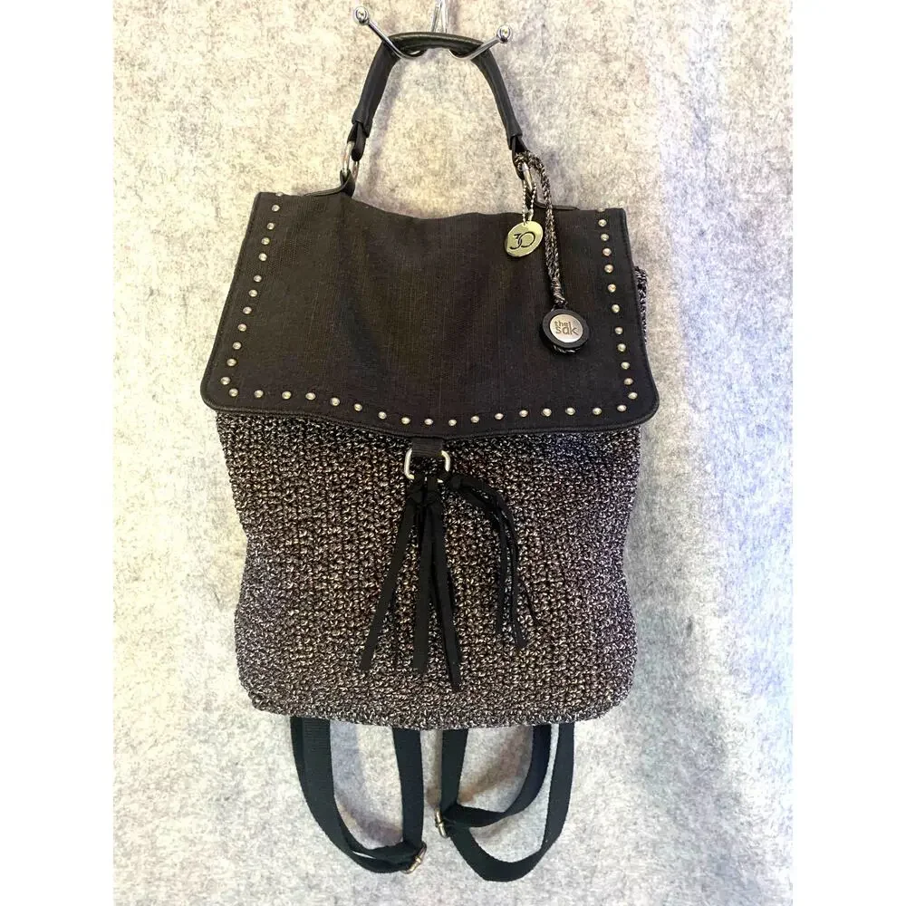 The Sak Ventura Crochet Backpack with Leather Straps, Gray Brown Crochet Pockets